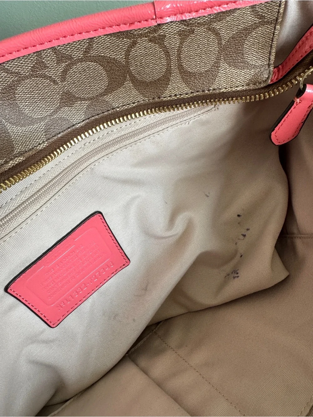 COACH Peyton Signature Canvas Tote Pink Leather Trim. Handles has crinkles!